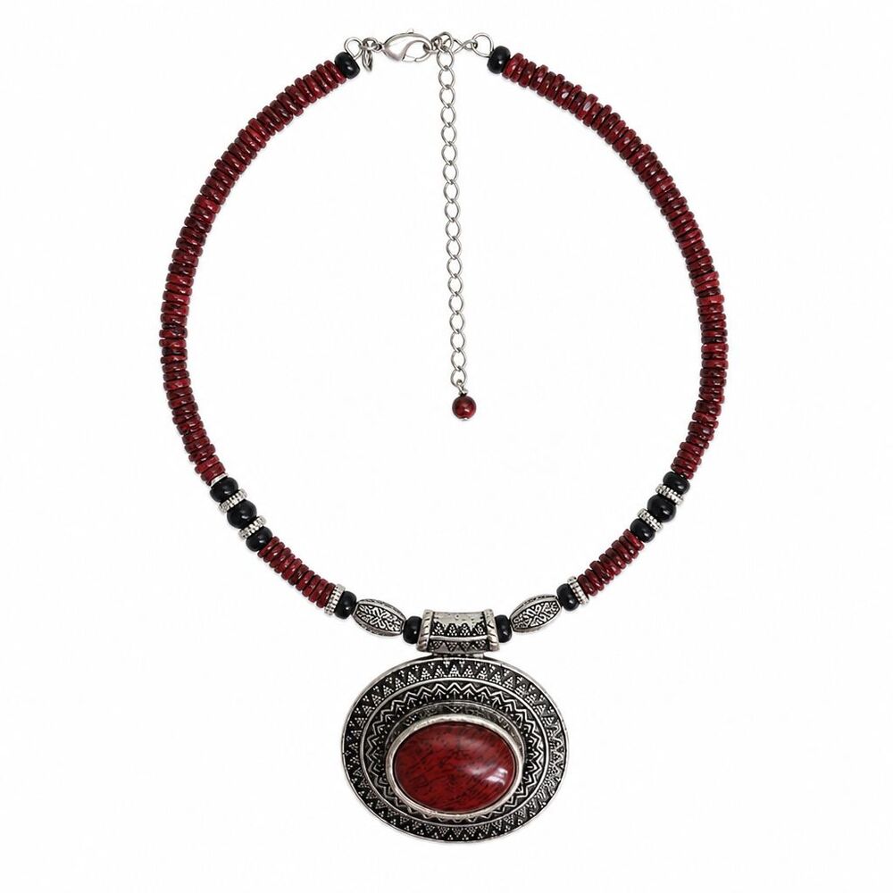 VTG Style Premier Designs Burgundy Red Boho Beaded Pendant 15" - 19.5" Necklace